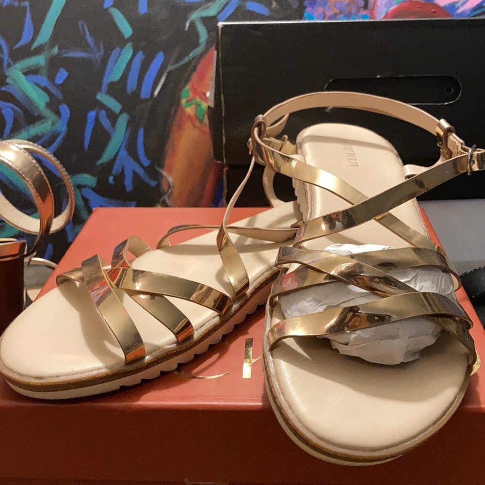 Rose gold sandals.